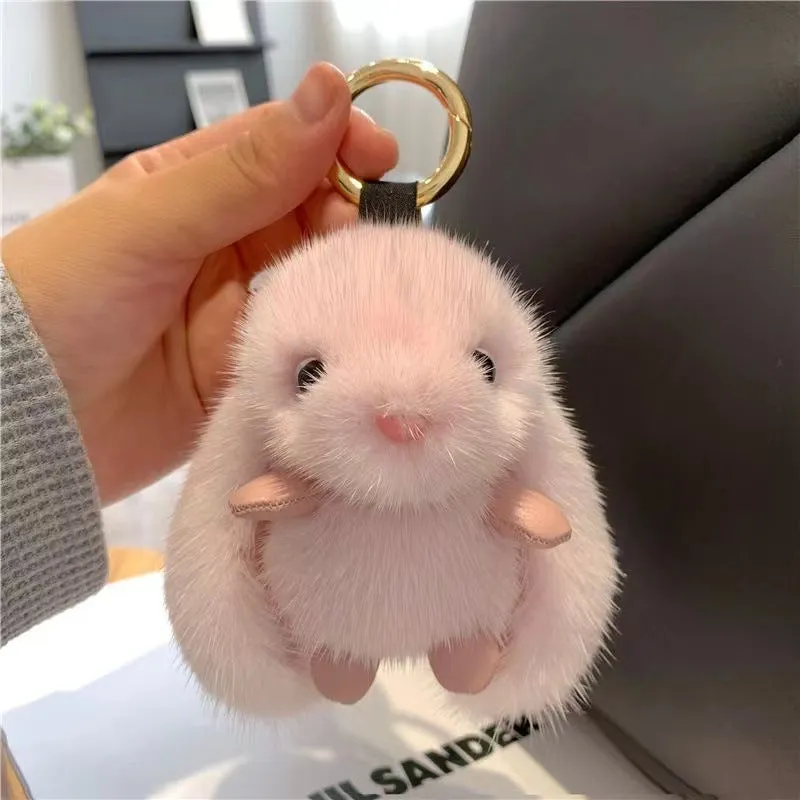 Mink plush bunny pendant keychain in pink with soft plush surface and compact shape