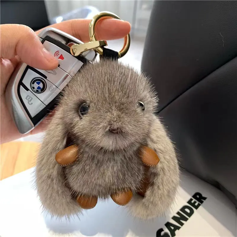 Mink plush bunny pendant keychain in pink with soft plush surface and compact shape