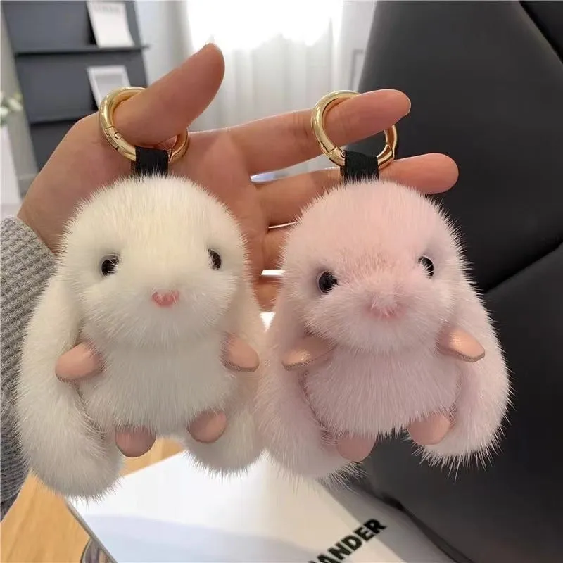 Mink plush bunny pendant keychain in pink with soft plush surface and compact shape
