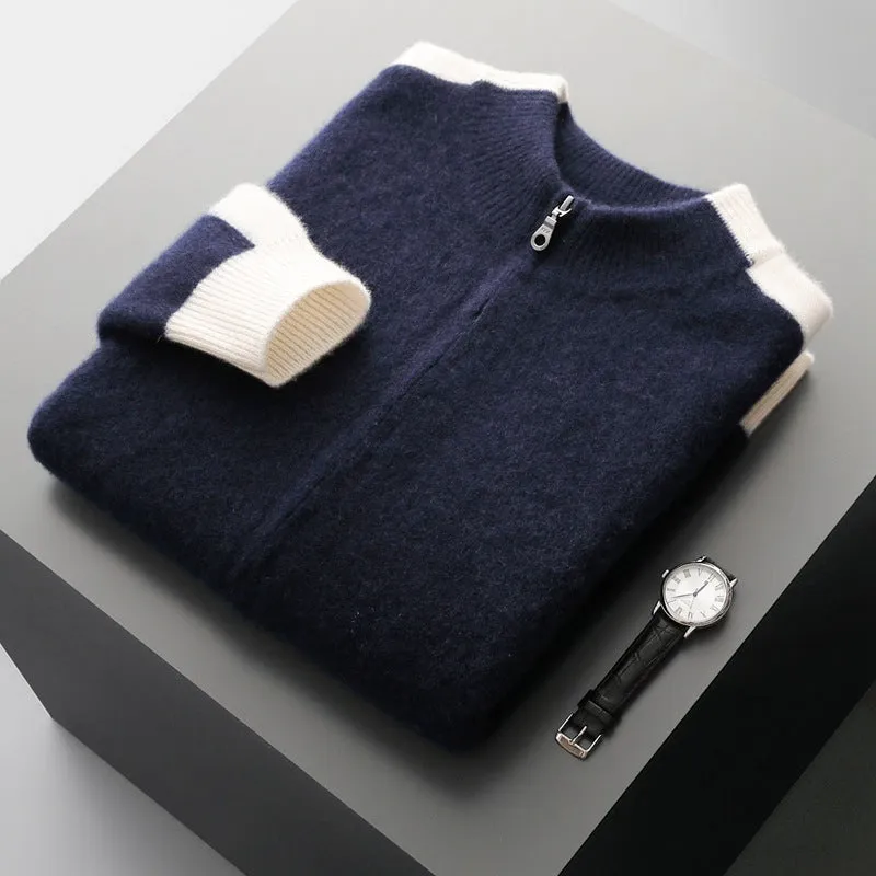Man wearing a dark blue half turtleneck zip cardigan with loose fit and long sleeves
