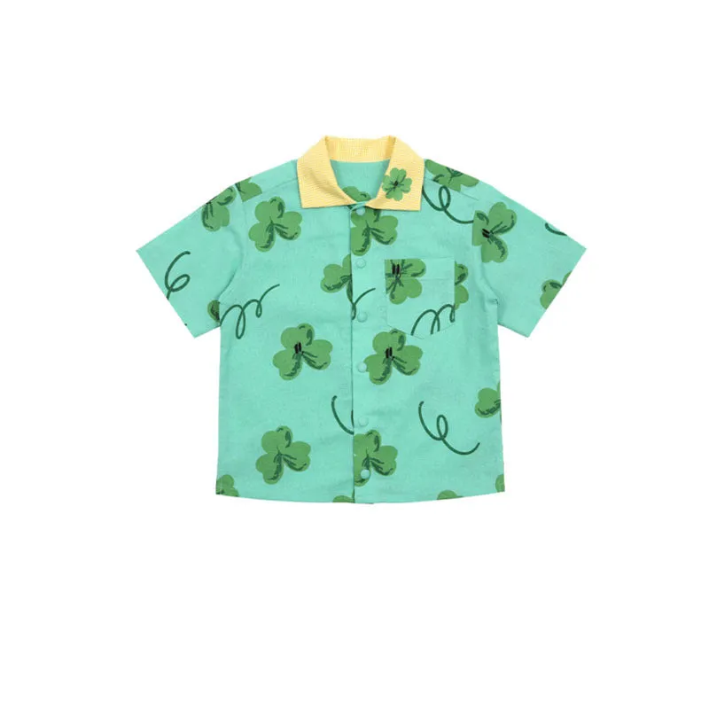 Green four-leaf clover printed cotton T-shirt and shorts set for children suitable heights 90-150cm