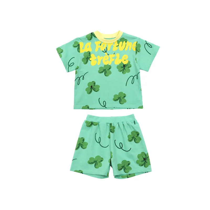 Green four-leaf clover printed cotton T-shirt and shorts set for children suitable heights 90-150cm