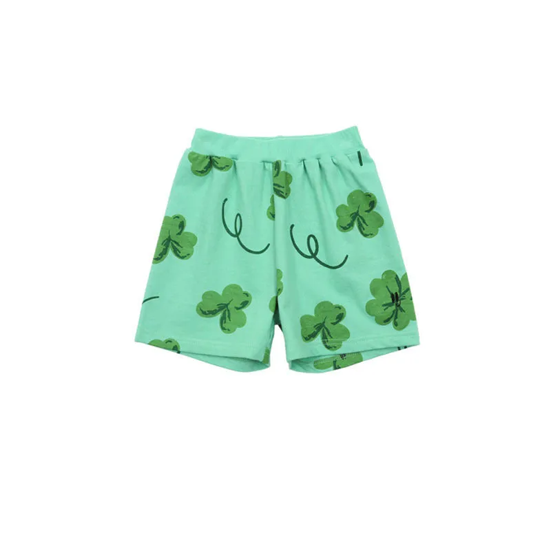 Green four-leaf clover printed cotton T-shirt and shorts set for children suitable heights 90-150cm