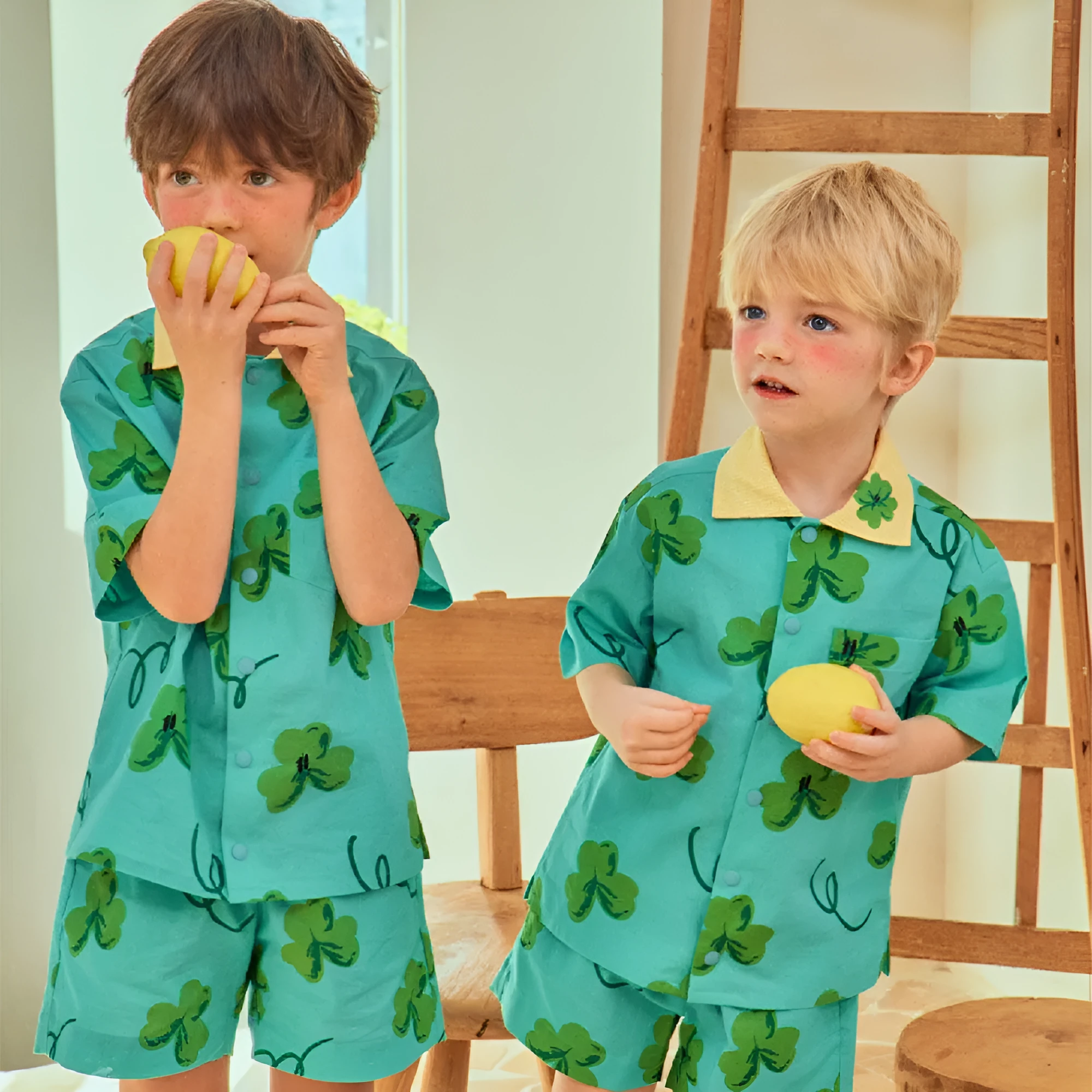 Green four-leaf clover printed cotton T-shirt and shorts set for children suitable heights 90-150cm