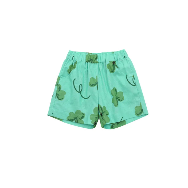 Green four-leaf clover printed cotton T-shirt and shorts set for children suitable heights 90-150cm