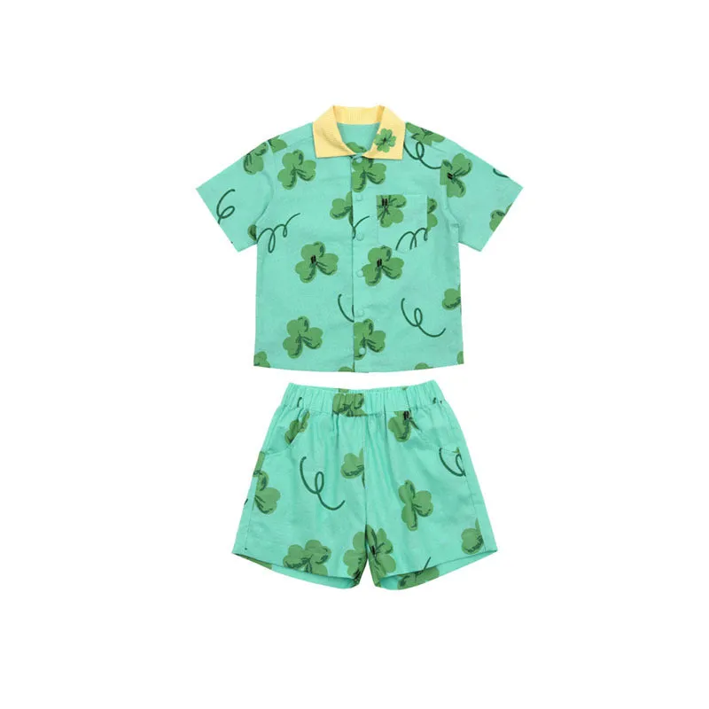 Green four-leaf clover printed cotton T-shirt and shorts set for children suitable heights 90-150cm