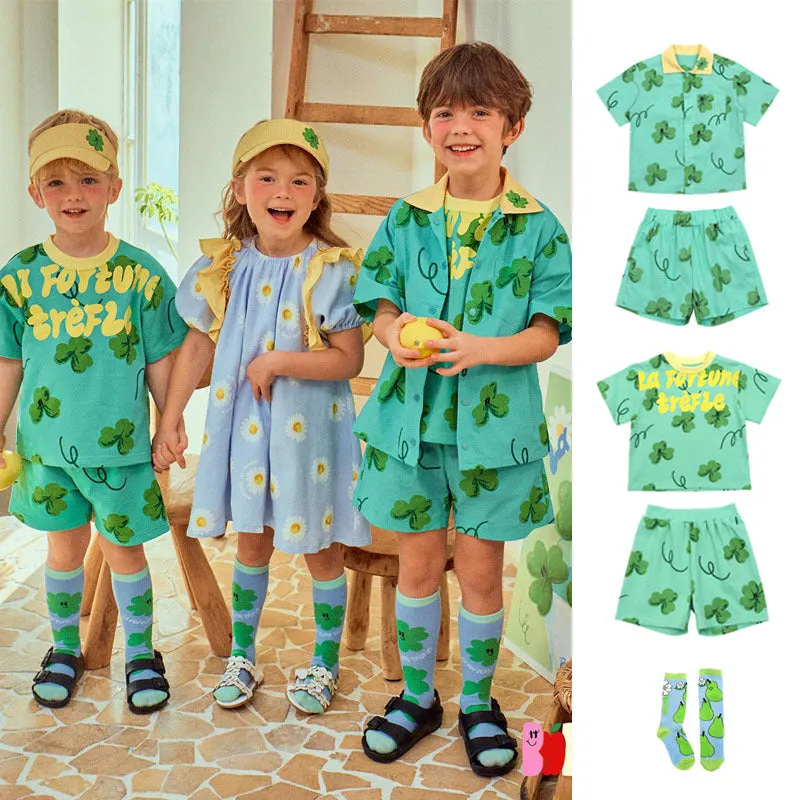 Green four-leaf clover printed cotton T-shirt and shorts set for children suitable heights 90-150cm