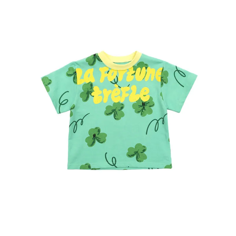 Green four-leaf clover printed cotton T-shirt and shorts set for children suitable heights 90-150cm