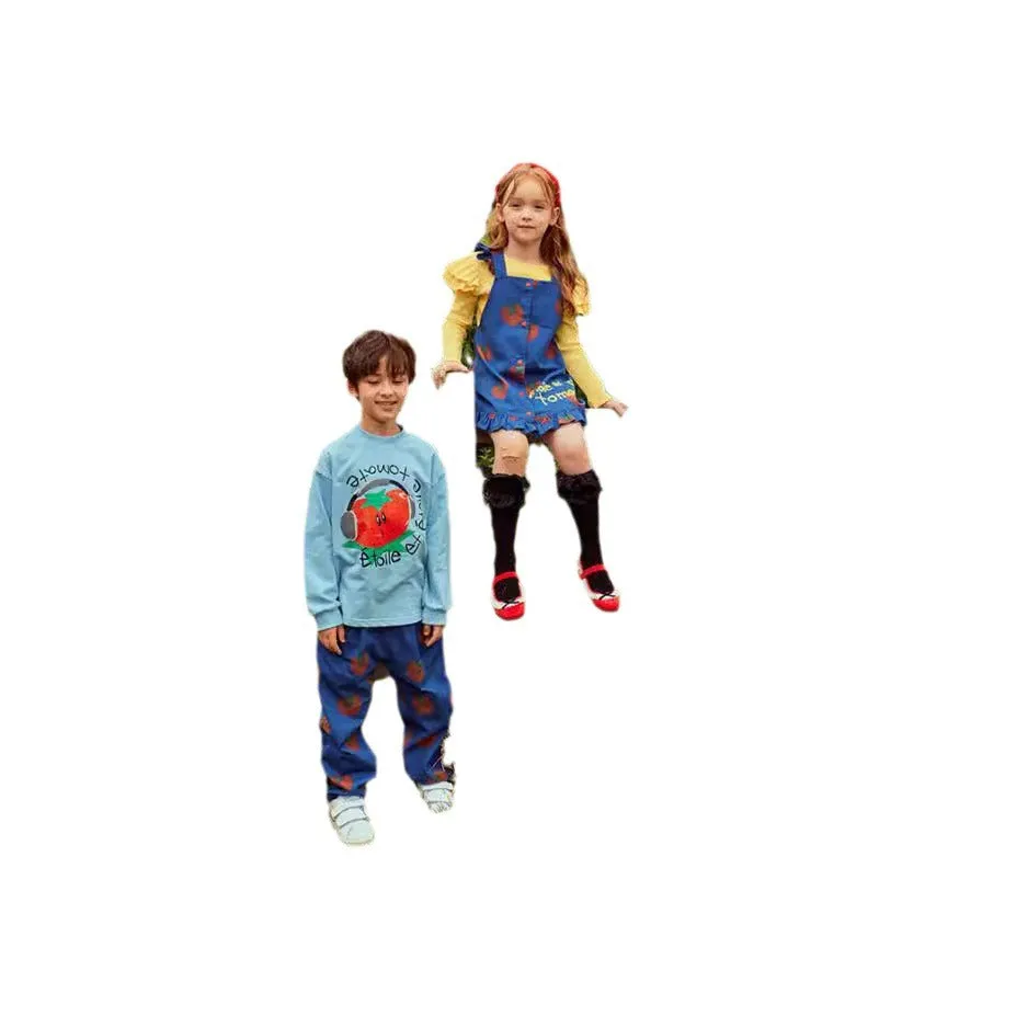 Children's casual loose cotton cartoon print long sleeve pullover top in Korean style, available in multiple sizes from 90cm to 150cm