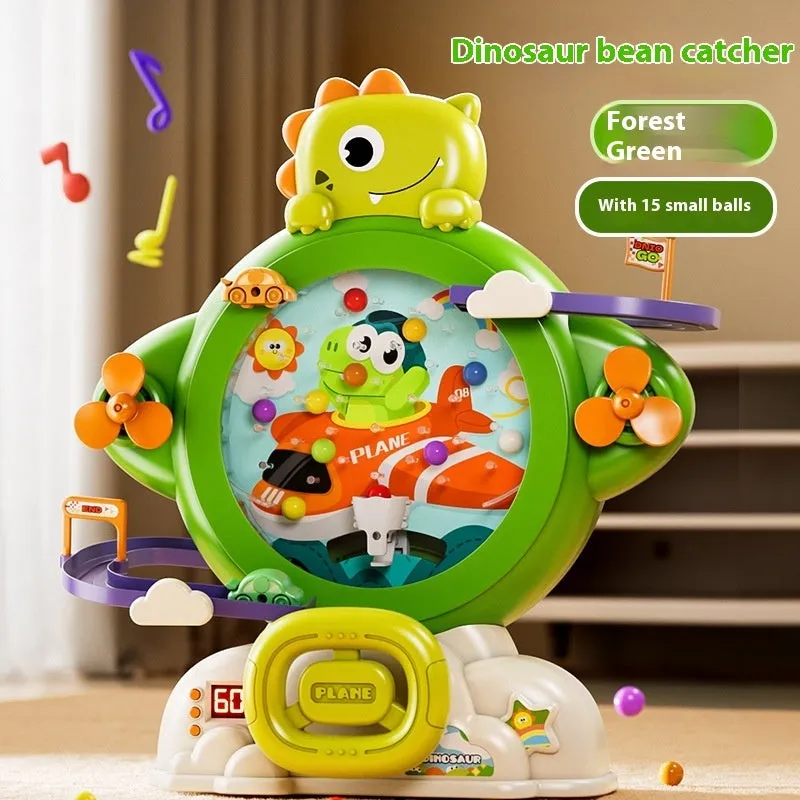 Children's dinosaur bean machine toy with 15 beads and 2 cars in green plastic for indoor play