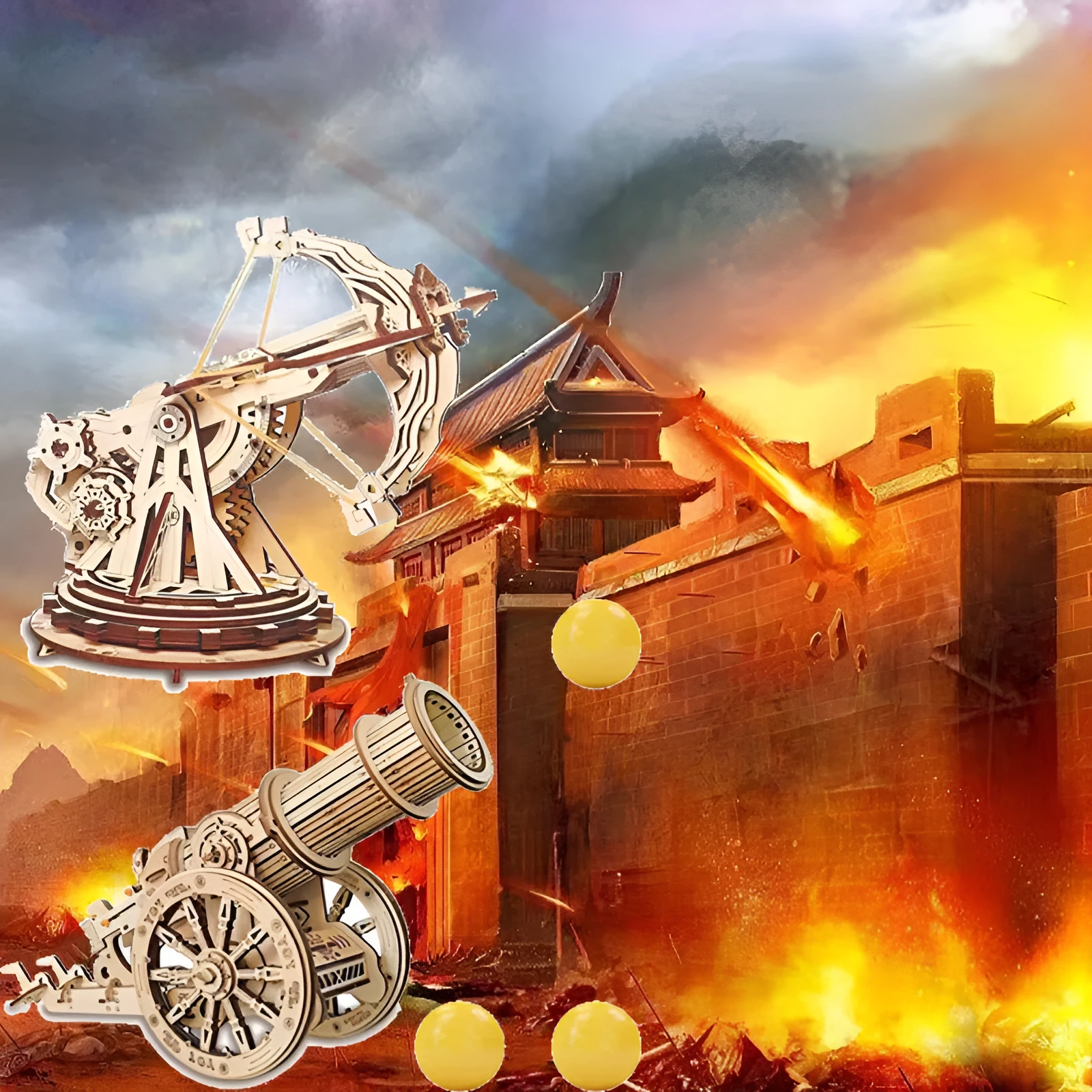 Wooden assembled model kit of a heavy siege crossbow for teenagers, educational toy on display