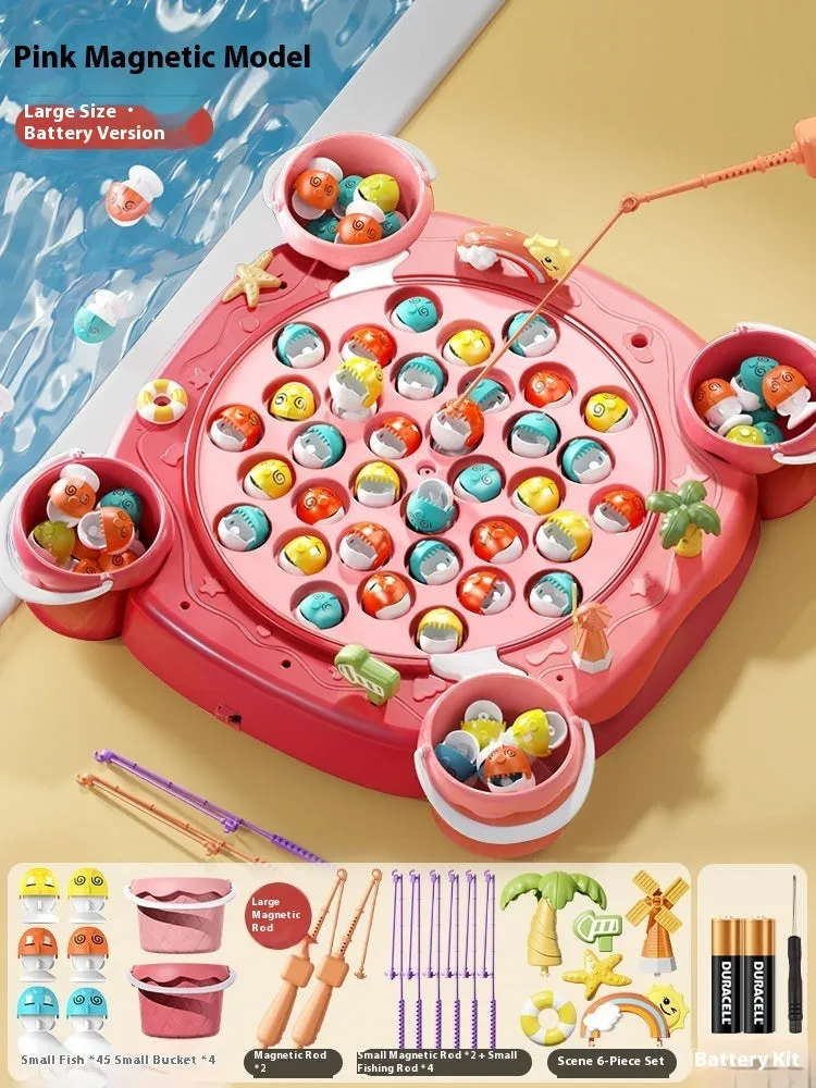 Baby educational magnetic fishing toy set with 8 poles, 4 barrels, and 31 colourful fish
