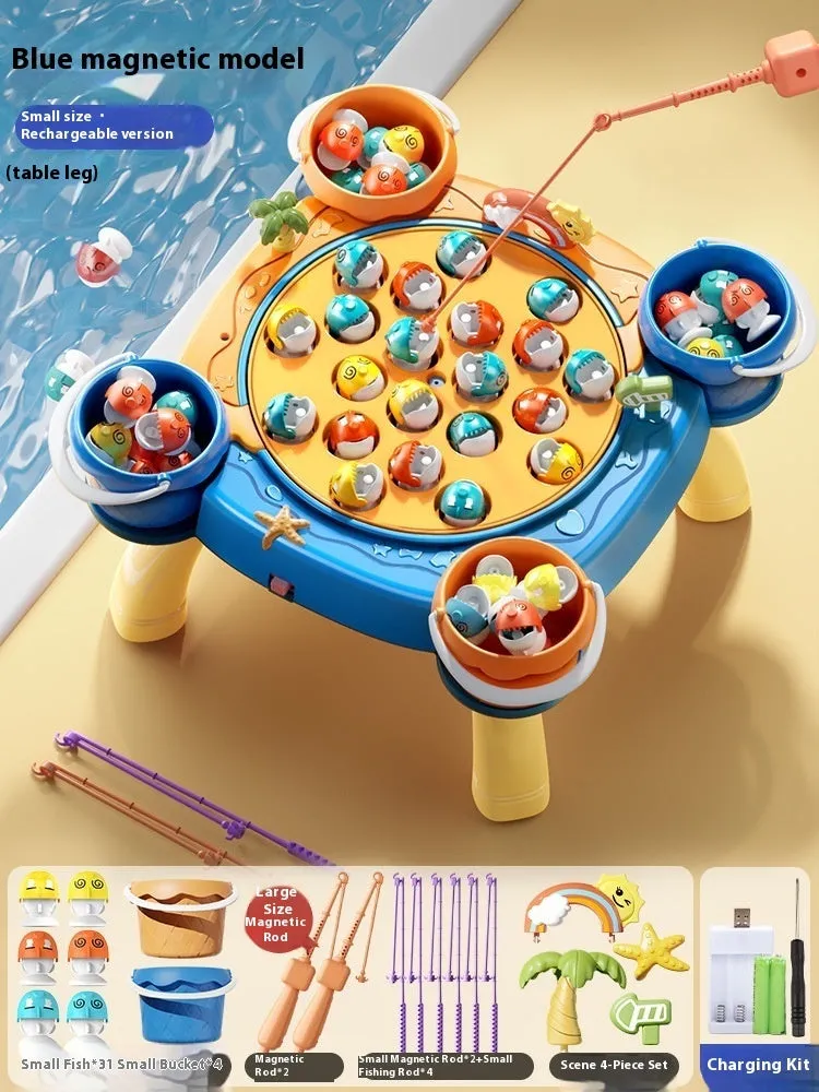 Baby educational magnetic fishing toy set with 8 poles, 4 barrels, and 31 colourful fish