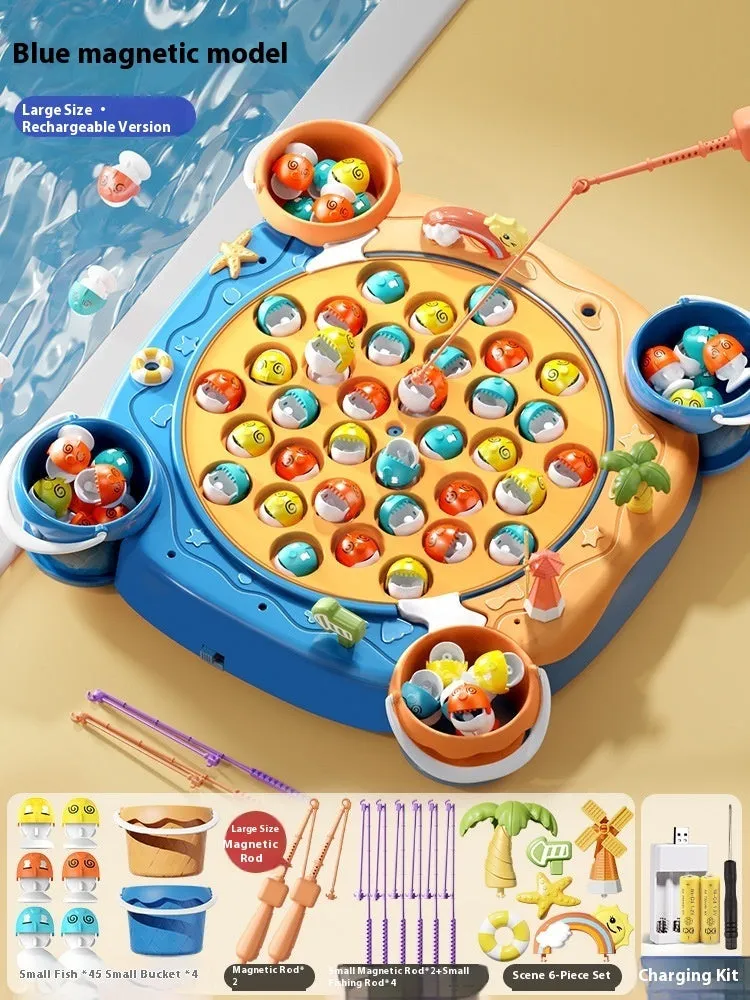 Baby educational magnetic fishing toy set with 8 poles, 4 barrels, and 31 colourful fish