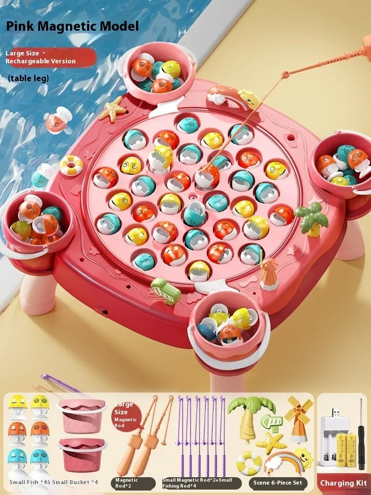 Baby educational magnetic fishing toy set with 8 poles, 4 barrels, and 31 colourful fish