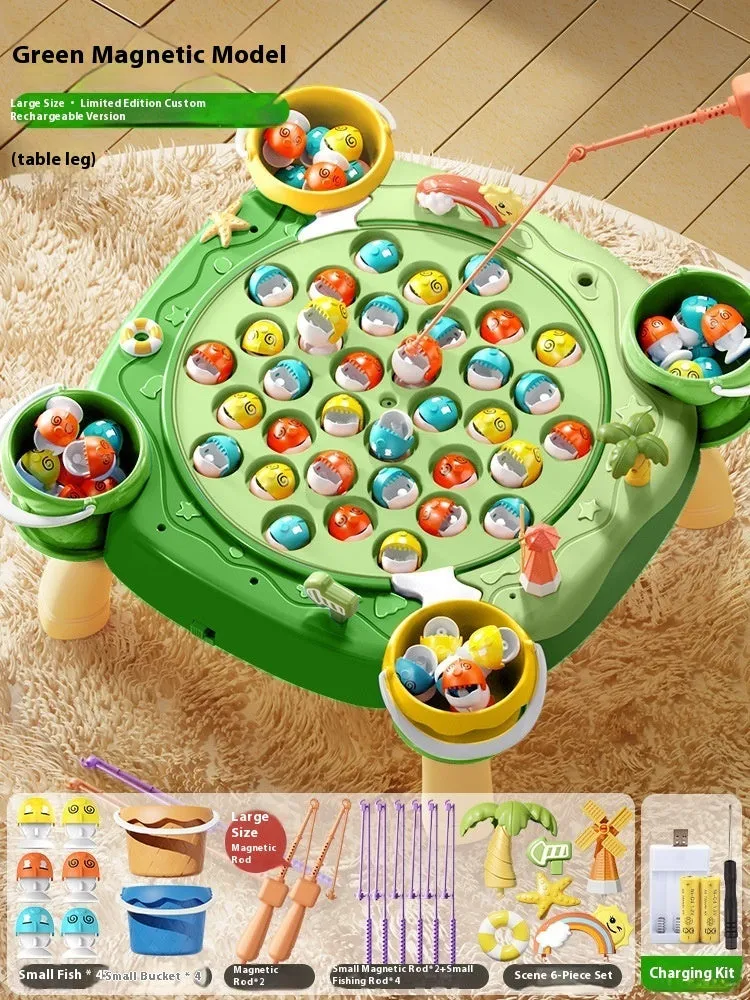 Baby educational magnetic fishing toy set with 8 poles, 4 barrels, and 31 colourful fish