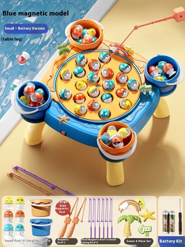 Baby educational magnetic fishing toy set with 8 poles, 4 barrels, and 31 colourful fish
