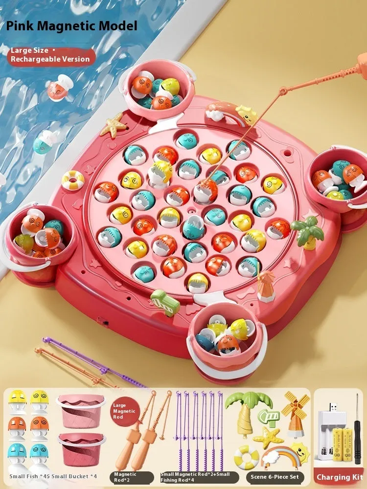 Baby educational magnetic fishing toy set with 8 poles, 4 barrels, and 31 colourful fish