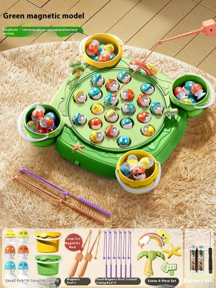 Baby educational magnetic fishing toy set with 8 poles, 4 barrels, and 31 colourful fish