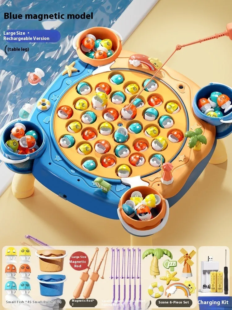 Baby educational magnetic fishing toy set with 8 poles, 4 barrels, and 31 colourful fish