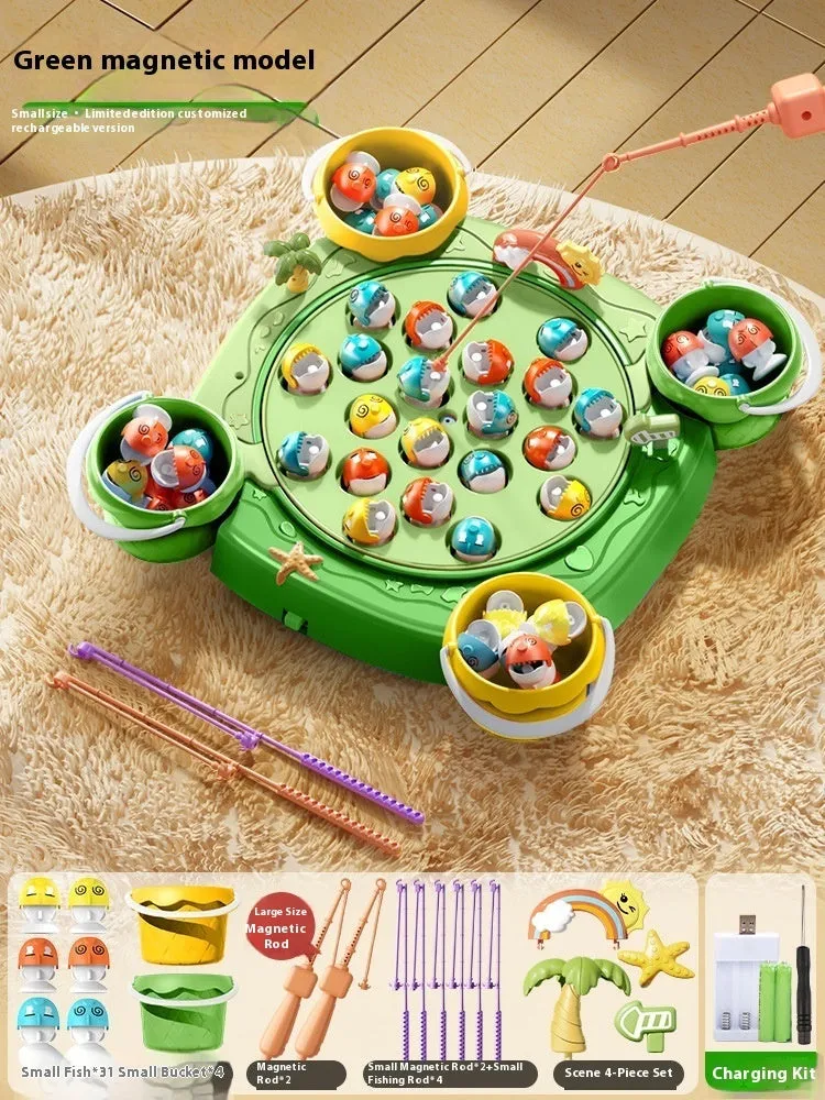 Baby educational magnetic fishing toy set with 8 poles, 4 barrels, and 31 colourful fish