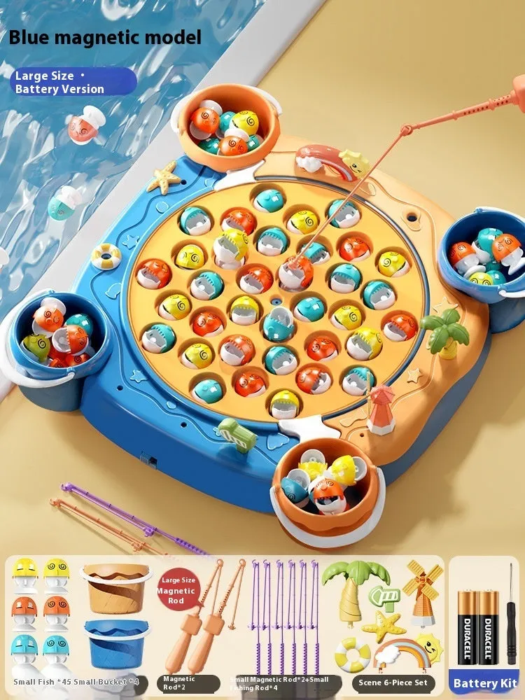 Baby educational magnetic fishing toy set with 8 poles, 4 barrels, and 31 colourful fish