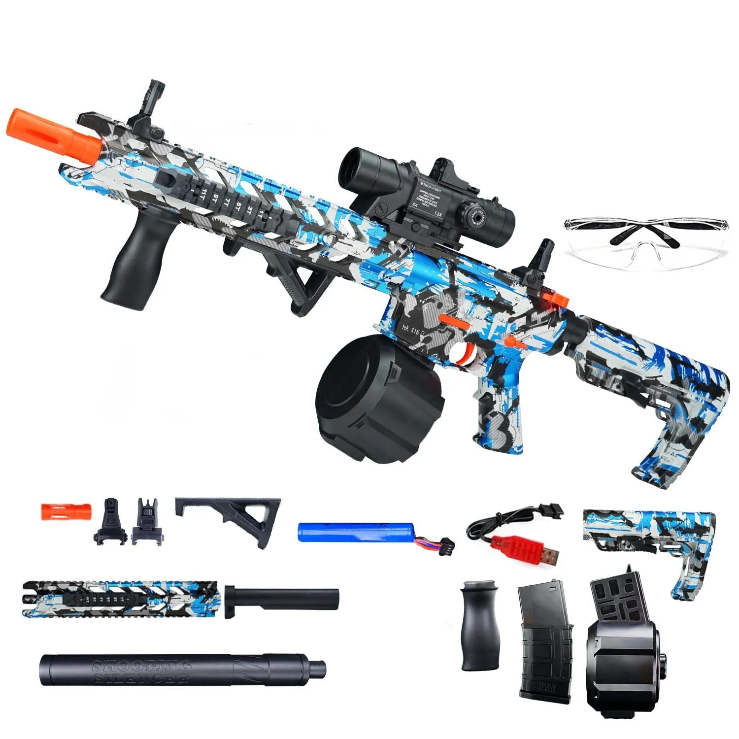 Outdoor gel ball electric continuous hair graffiti launcher toy in plastic with colour options for boys and girls