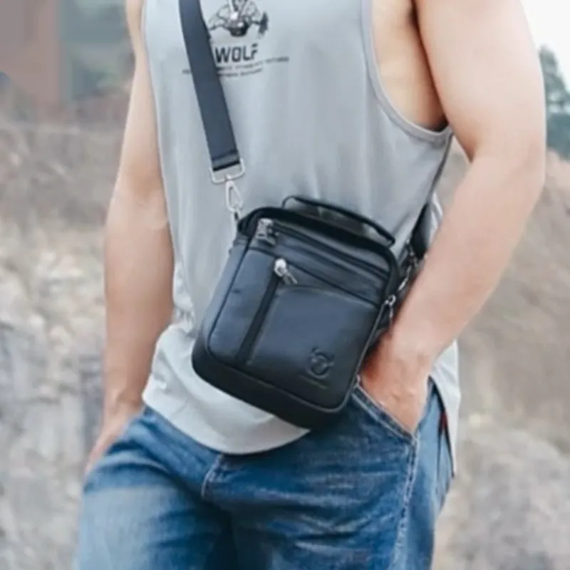 Black genuine leather mens shoulder messenger bag with retro styling