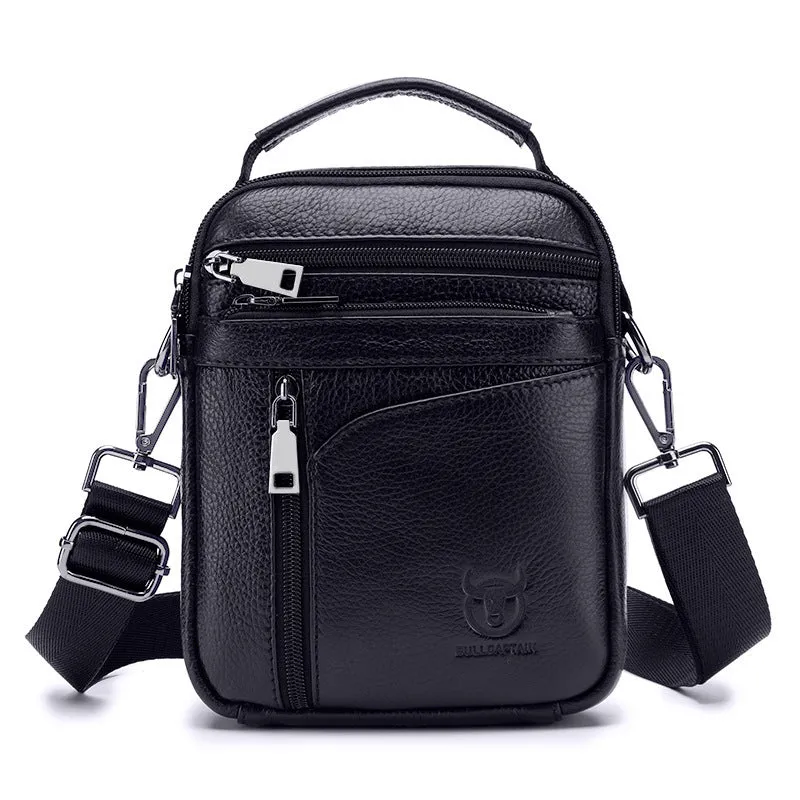 Black genuine leather mens shoulder messenger bag with retro styling