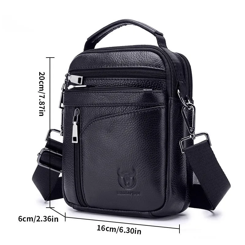 Black genuine leather mens shoulder messenger bag with retro styling