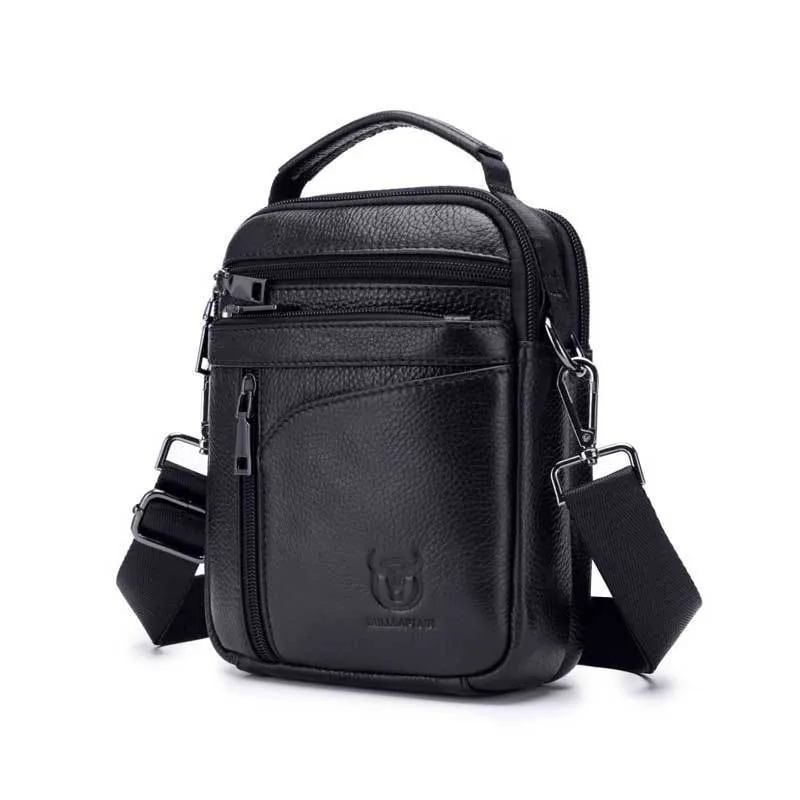 Black genuine leather mens shoulder messenger bag with retro styling