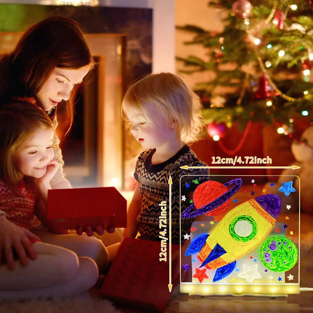 Transparent acrylic reusable LED drawing board with USB light and adjustable stand, showing rainbow drawing