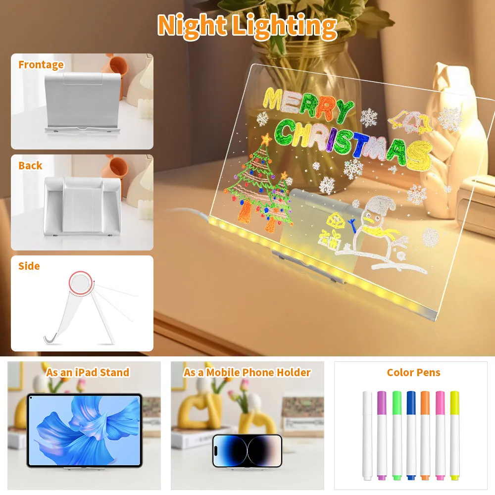 Transparent acrylic reusable LED drawing board with USB light and adjustable stand, showing rainbow drawing