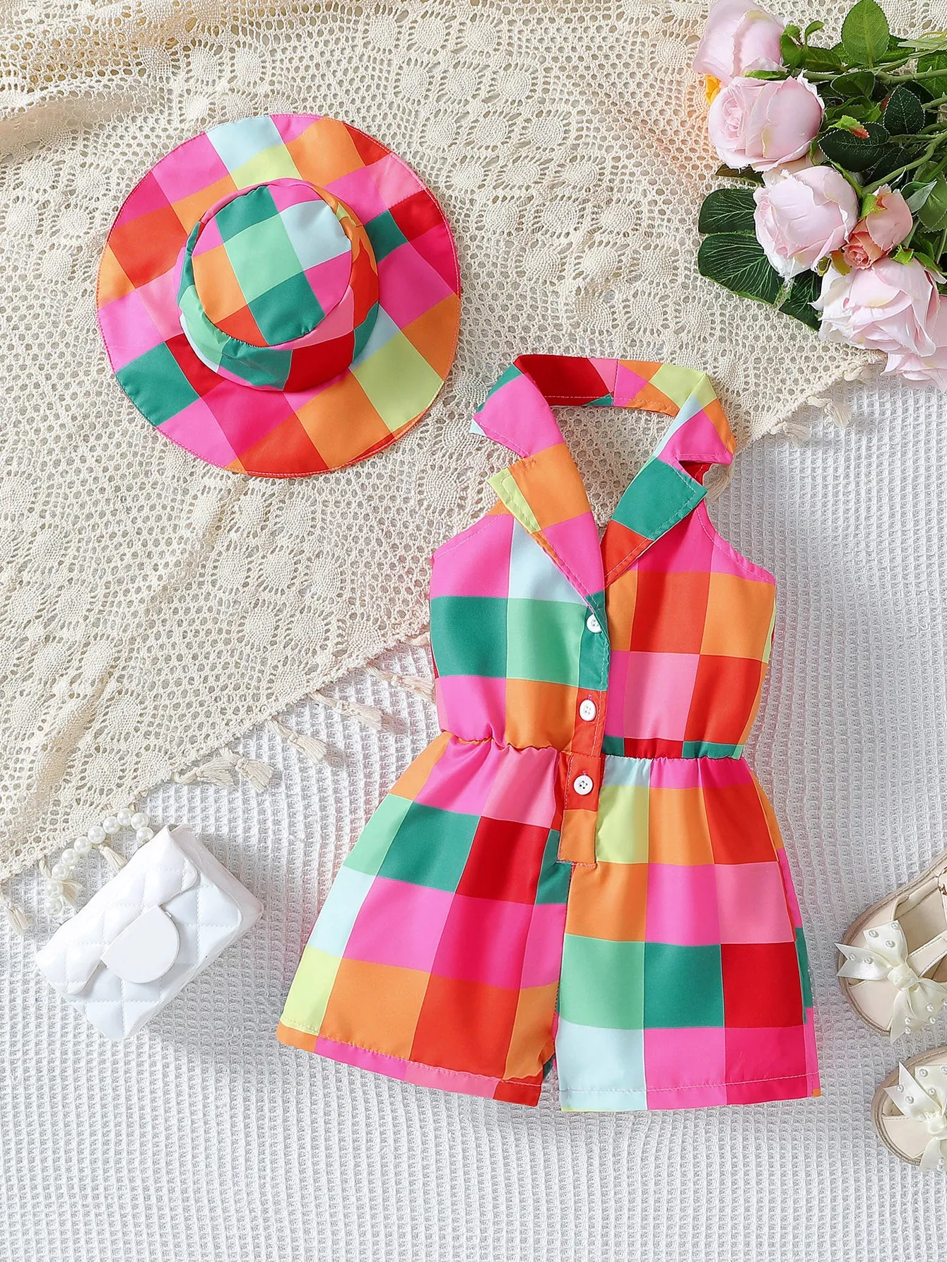 Girls' woven halter backless plaid princess dress in orange red with matching hat on child aged 4–7 years