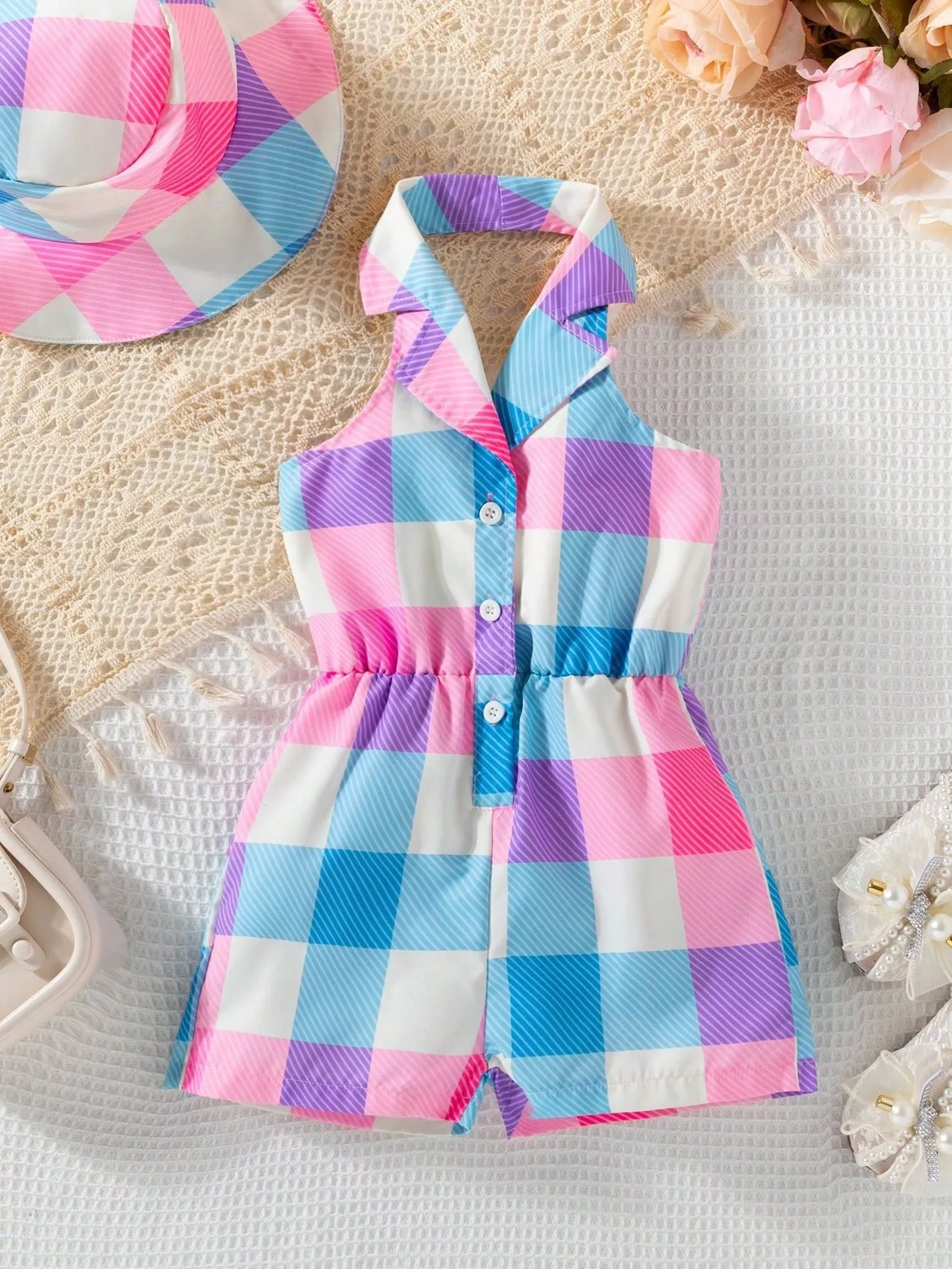 Girls' woven halter backless plaid princess dress in orange red with matching hat on child aged 4–7 years