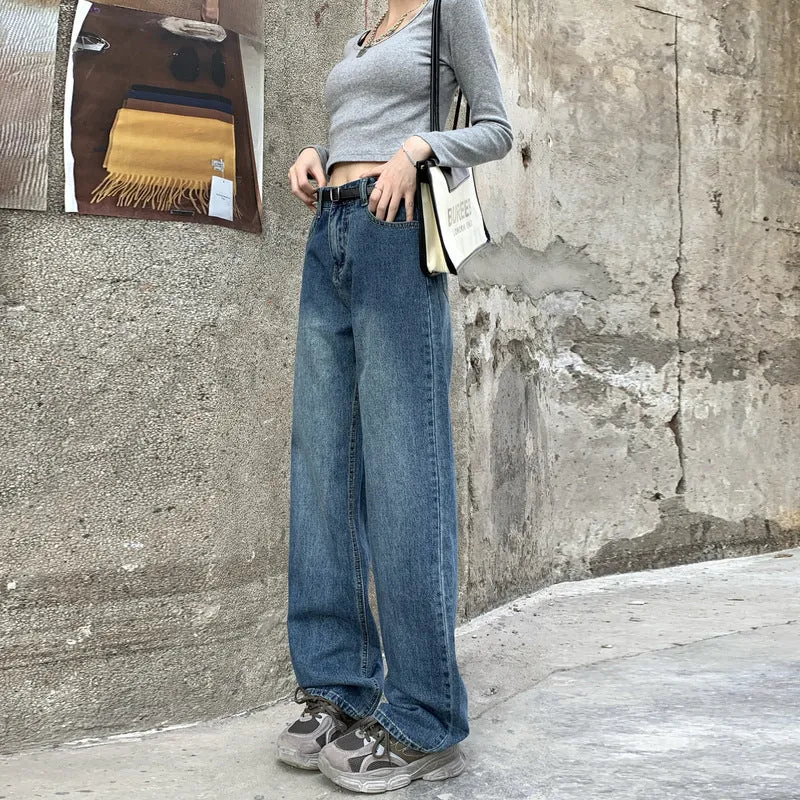Women's high-waist retro blue straight-leg jeans on a model, showing the cropped, standard, and lengthened leg options.