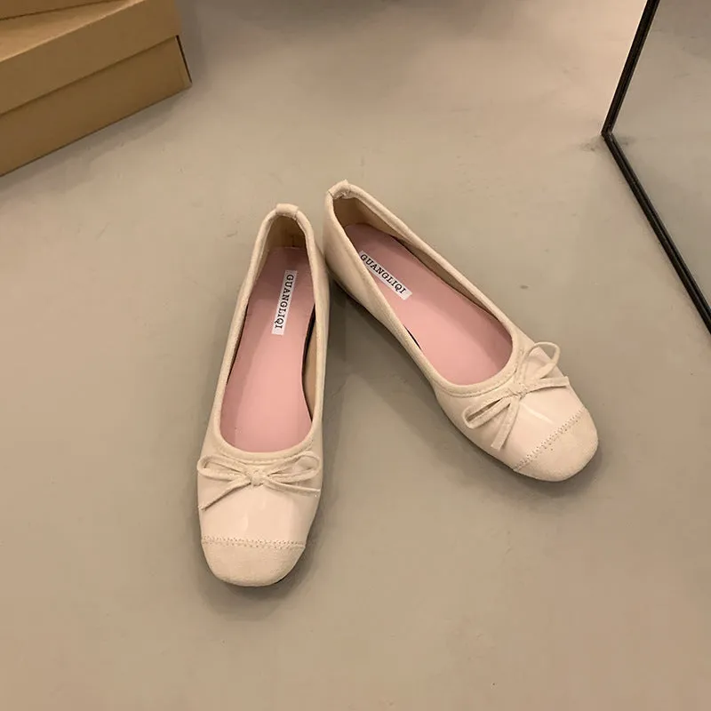 Women's retro apricot Mary Jane ballet flats with square toe and bow decoration on a rubber sole.