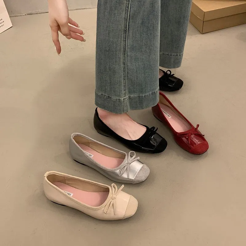 Women's retro apricot Mary Jane ballet flats with square toe and bow decoration on a rubber sole.
