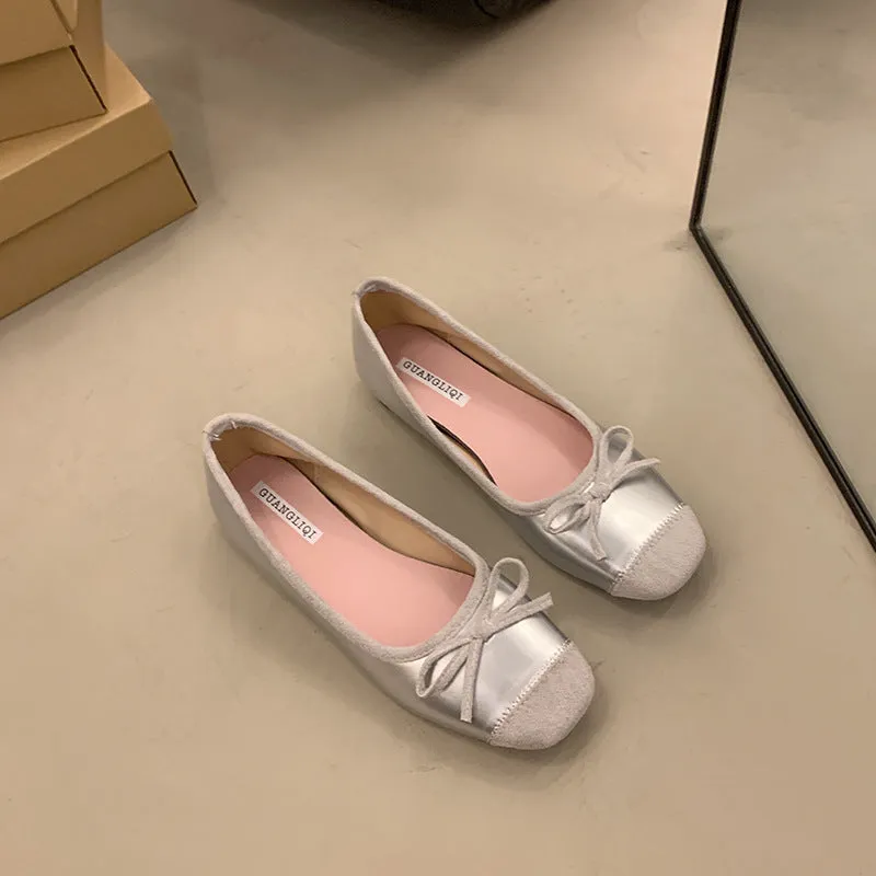 Women's retro apricot Mary Jane ballet flats with square toe and bow decoration on a rubber sole.