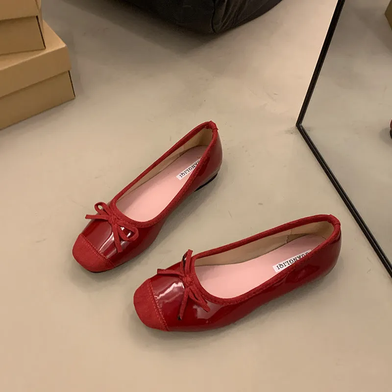 Women's retro apricot Mary Jane ballet flats with square toe and bow decoration on a rubber sole.
