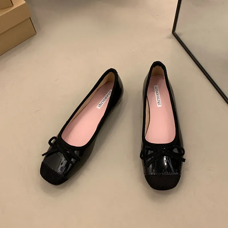 Women's retro apricot Mary Jane ballet flats with square toe and bow decoration on a rubber sole.