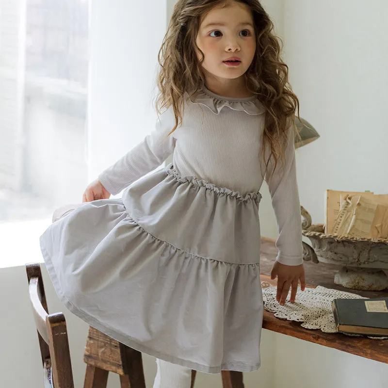 Girl's solid colour cotton princess dress with lace layering stitching, long sleeves, lotus root starch colour