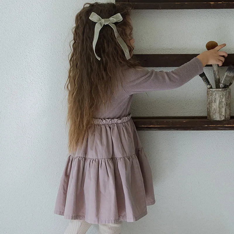 Girl's solid colour cotton princess dress with lace layering stitching, long sleeves, lotus root starch colour