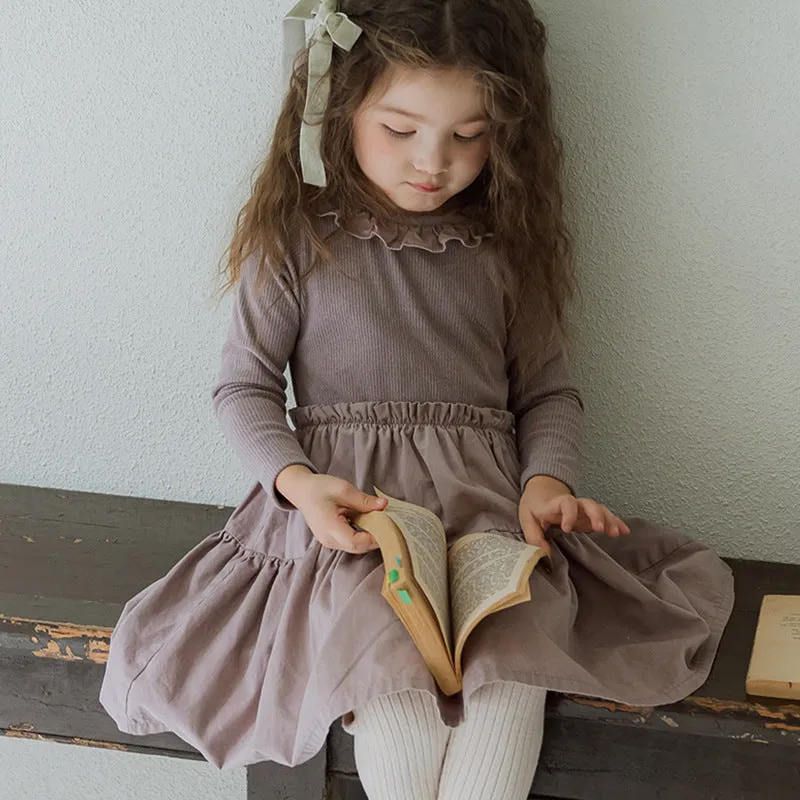Girl's solid colour cotton princess dress with lace layering stitching, long sleeves, lotus root starch colour