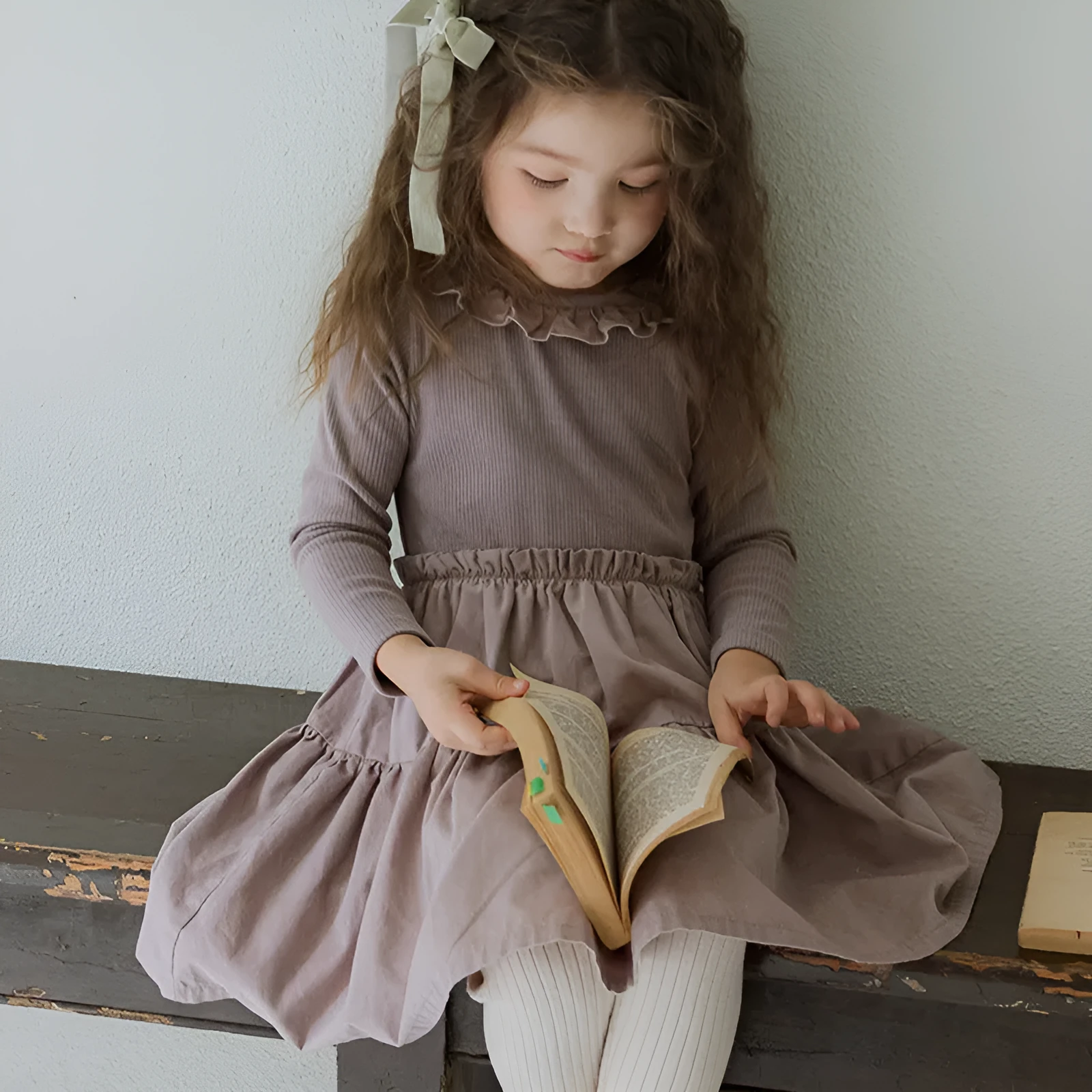 Girl's solid colour cotton princess dress with lace layering stitching, long sleeves, lotus root starch colour