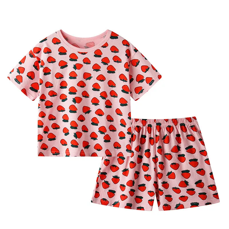 Children's summer short-sleeved cotton homewear suit in Pink Big Strawberry pattern, top and pants set