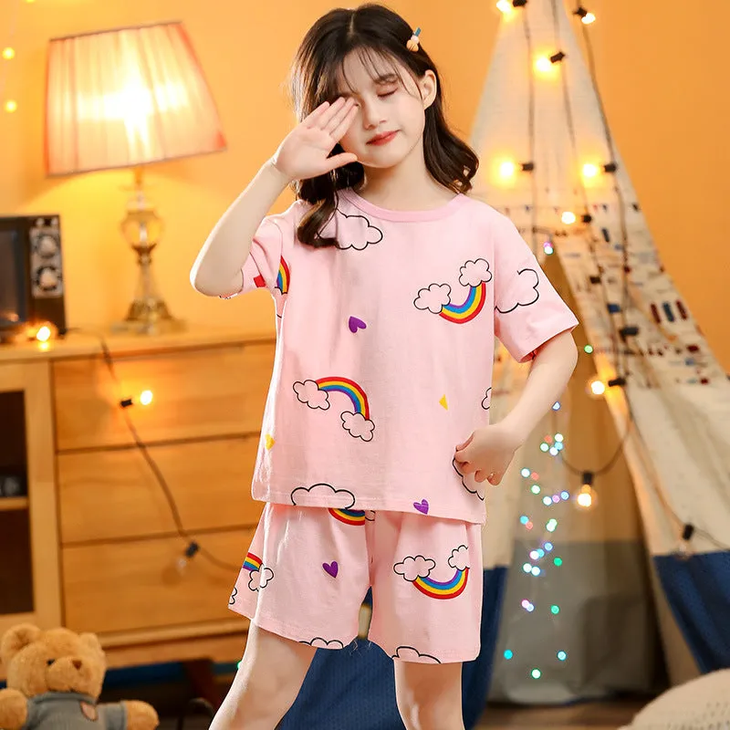 Children's summer short-sleeved cotton homewear suit in Pink Big Strawberry pattern, top and pants set