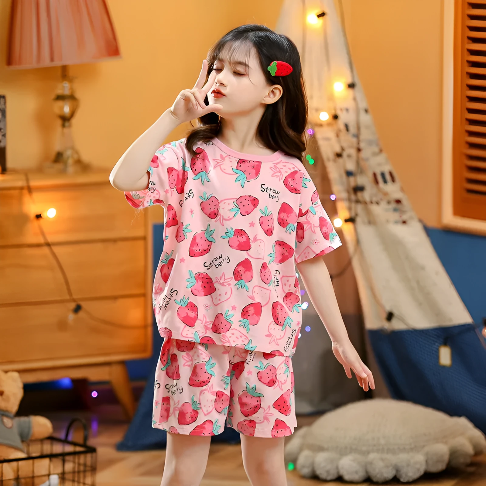 Children's summer short-sleeved cotton homewear suit in Pink Big Strawberry pattern, top and pants set