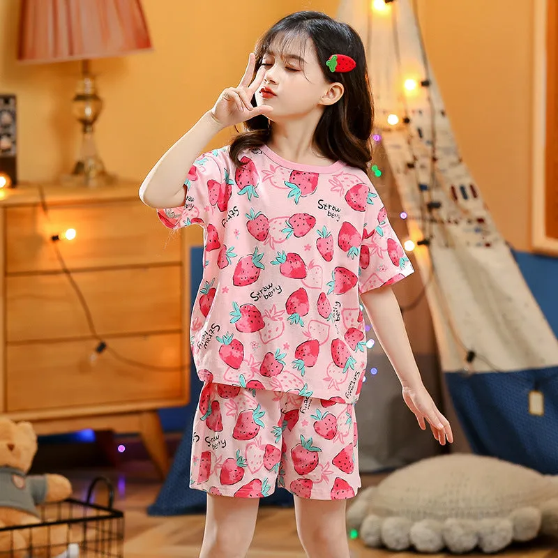 Children's summer short-sleeved cotton homewear suit in Pink Big Strawberry pattern, top and pants set