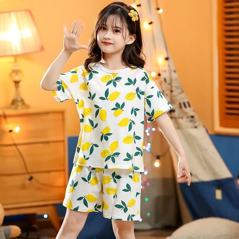 Children's summer short-sleeved cotton homewear suit in Pink Big Strawberry pattern, top and pants set